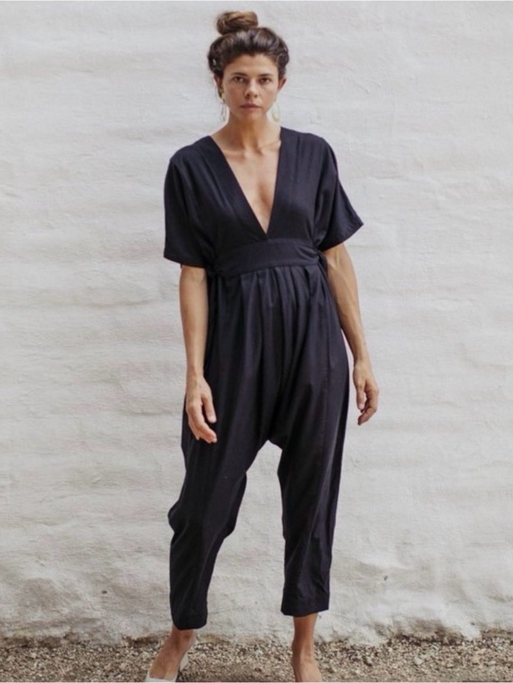 OZMA Cala natural Silk Cream V-Neck Wrap Jumpsuit